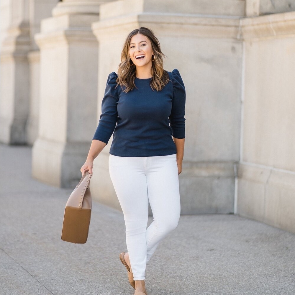 NWT The Drop Blue Puff-Sleeve Knit Top, XXL
